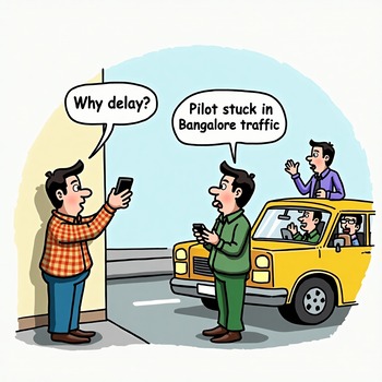 Cartoon of flight delay due to Bangalore traffic